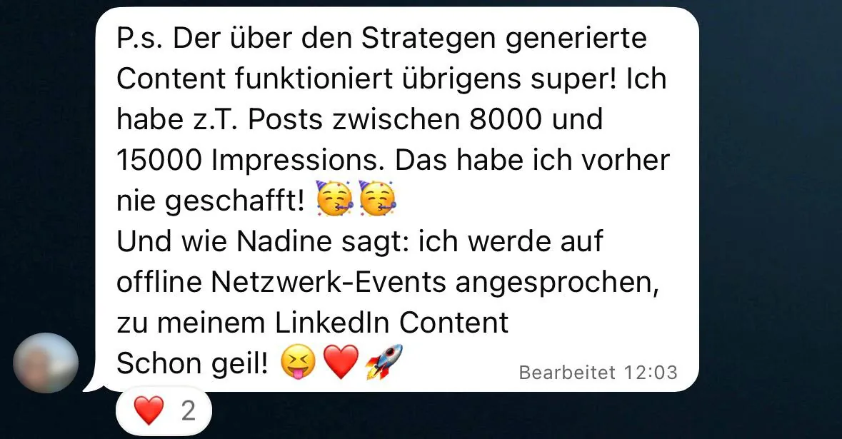 Inga: 8.000 bis 15.000 Impressions pro Post und Ansprache auf Netzwerk-Events durch den KI-Content