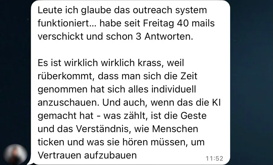 Nachricht von Sarah: das Outreach-System funktioniert
